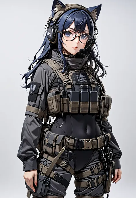 8k ultra high-quality, ultra-detailed, high quality, dark blue hair, long hair, headset, goggles, cat girl, grey tactical clothe...