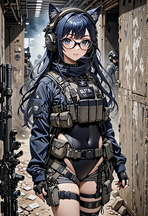 8k ultra high-quality, ultra-detailed, high quality, dark blue hair, long hair, headset, goggles, cat girl, grey tactical clothe...