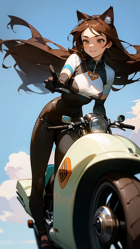 A glamorous woman with a curvy figure, wearing cat ears, goggles on her head, gloves on her hands, and a rider’s suit, riding a heavyweight American-style Harley-Davidson motorcycle. She is speeding down a highway, captured in a panning shot like a scene f...