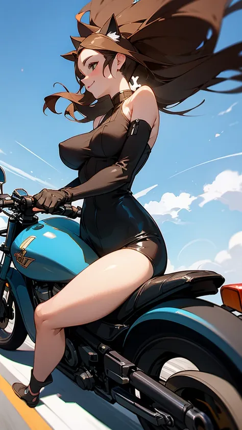 A glamorous woman with a curvy figure, wearing cat ears, goggles on her head, gloves on her hands, and a rider’s suit, riding a heavyweight American-style Harley-Davidson motorcycle. She is speeding down a highway, captured in a panning shot like a scene f...