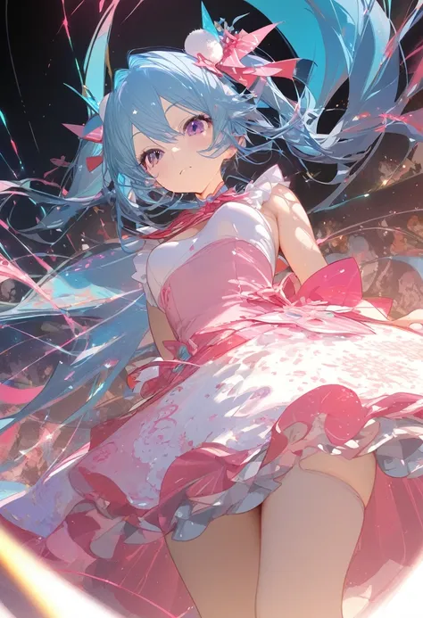 miku hatsune, liquid ink captures the essence of wind, caught in a swirl of dots, tracing multiple random spectrums of color, 4k...