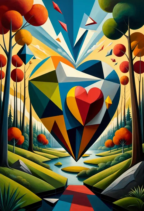 "Visualize a cubist interpretation of a heart , floating through the sky above a living and dynamic forest. Break down the shape of the heart into geometric shapes and fragmented planes, To capture its movement and energy in a unique and abstract way. Inco...