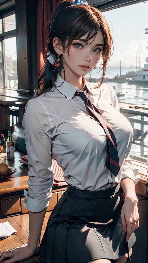 24-year-old woman、Sexy proportions、Long eyelashes、24-year-old female、Sexy proportions、Sexy breasts、Narrow waist、Long eyelashes、Cleavage Emphasis、Split Ponytail((split ponytail))、Tie-front shirt((tie front shirt))、Garter skirt((garter skirt))、San Francisco,...