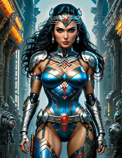 A fantasy picture of a Cyberpunk Era Wonder Woman with Cybernetic Wonder Woman Costume in a Neo Cyberpunk Roman Empire with glowing eyes and robotic limbs, insanely intricate detail, Don Lawrence style