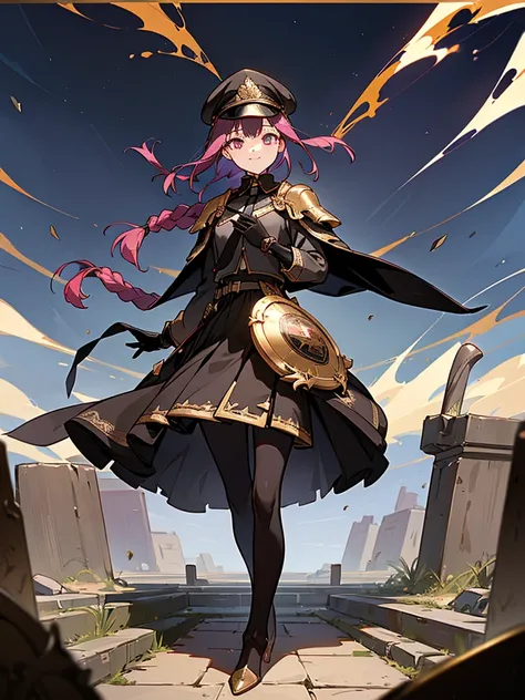 realisitic, City Deserted, Pile of rubble, Brick building, a one woman (18 years old, far away blackw hair, far away slits, Eyes red, glare eyes, 精致的面容, standing (In floor, feet shoulder-width apart), Lolita style military uniform (blackw base, Red Insert,...