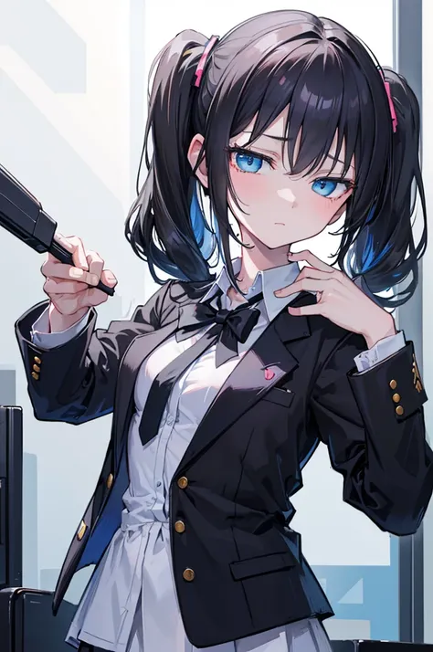 portrait, short twintail, black hair, a cute girl, reticence, blue eyes, disinterest, small breasts, cyberpunk, frill shirt, black tie, blazer