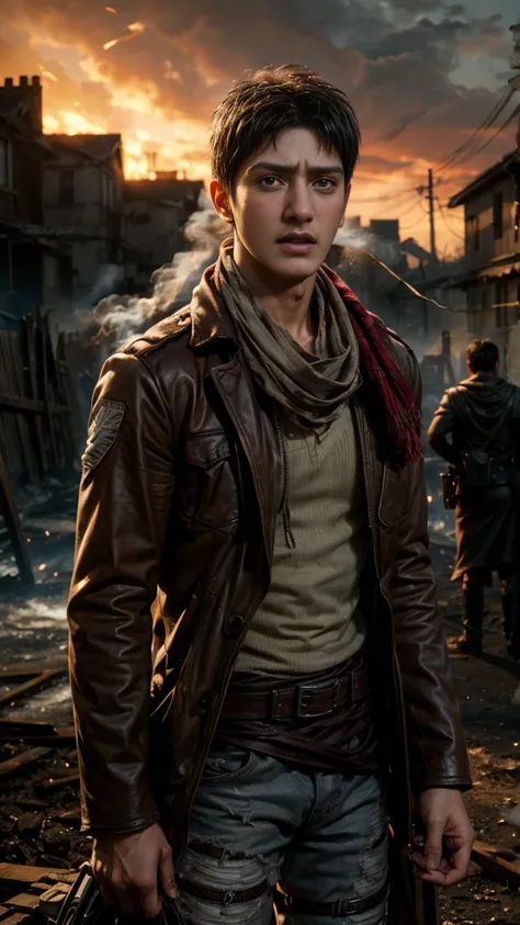 (masterpiece), (hyper realistic), mahesh babu from attack on titan, survey corps uniform, maroon scarf around the neck, sad pose...