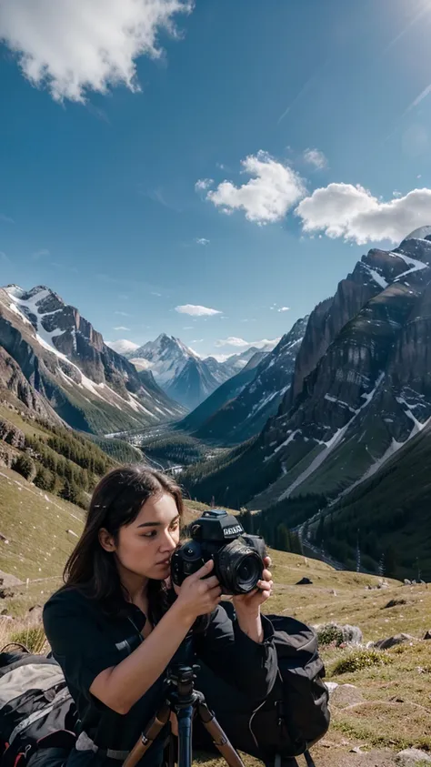 "Create an image of a stunning mountain landscape with majestic peaks, lush valleys, and a clear sky. In the foreground, depict a photographer setting up a tripod and camera, aiming towards the mountains. The photographer should be focused and engaged, pos...