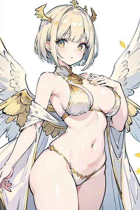 Girl, pale white skin, short gold hair, Gold eyes, white angel wings, gold corona, large chest, wide hips