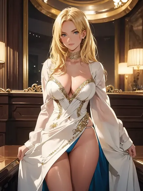 (best quality: 1.2), clean face, (masterpiece: 1.2, 8k) perfect anatomy, 1 girl) a beautiful fashion model ,(masterpiece, official art, best quality  shiny hair, blonde hair with streaks in hair, full lips,  big breasts, slutty outfit, cleavage, shiny brea...