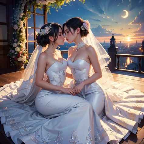 (masterpiece, highest quality, official art, beauty and aesthetic:1.5), perfect anatomy, two stunning bride is deeply in love with each other, kiss, romantic atmosphere, flower and moon, magnificent panorama view