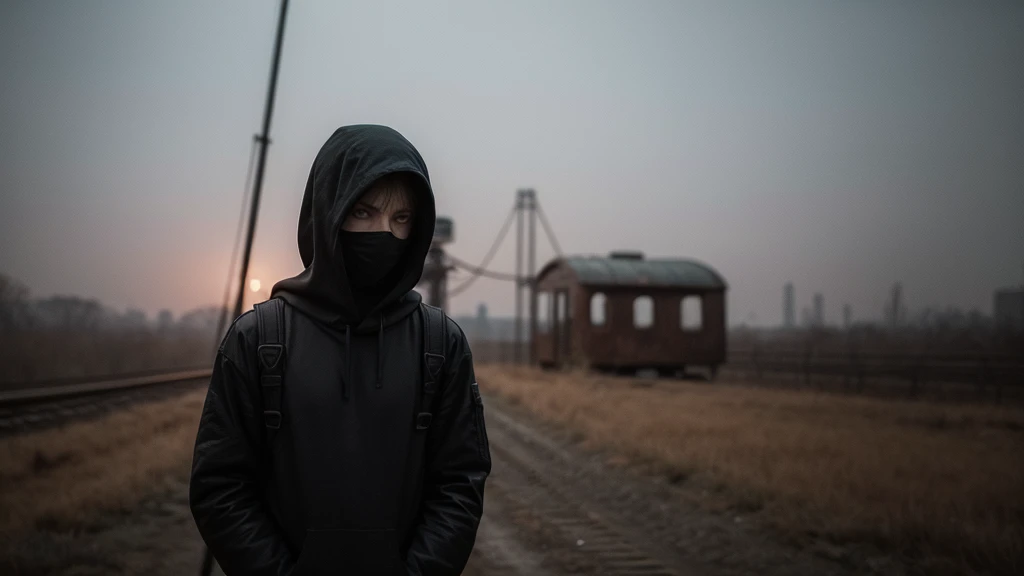  1 man in loose, lightweight black clothing, wearing a prominently visible balaclava, hanging by one hand from a track above a rusted roller coaster car, broken tracks and overgrown weeds, eerie atmosphere, sense of mystery and solitude, suspenseful mood, ...