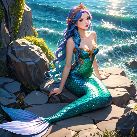 cute 20 year old mermaid sitting on a stone in the ocean enjoying the sunlight, sun is shining, beautiful mermaid, beautiful detailed human face, red lips, alluring eyes, elaborated mermaid tail, serene, masterpiece, full body shot, highres, high resolutio...