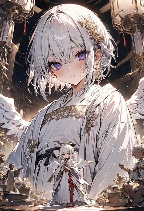 ((masterpiece)), ((Highest quality)), ((Very detailed)), figure, Dressed as an angel、A young man with short white hair and dark eyes, Wearing a white Hanfu with black and red trim、Facing directly towards the viewer. In the background、背中から巨大な白い天使の羽が生えている幻想的...