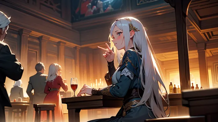 A beautiful woman is sitting and listening to music, with long grey hair, men and women are enjoying music and dancing at a bar, heartwarming, medieval, bard, epic,