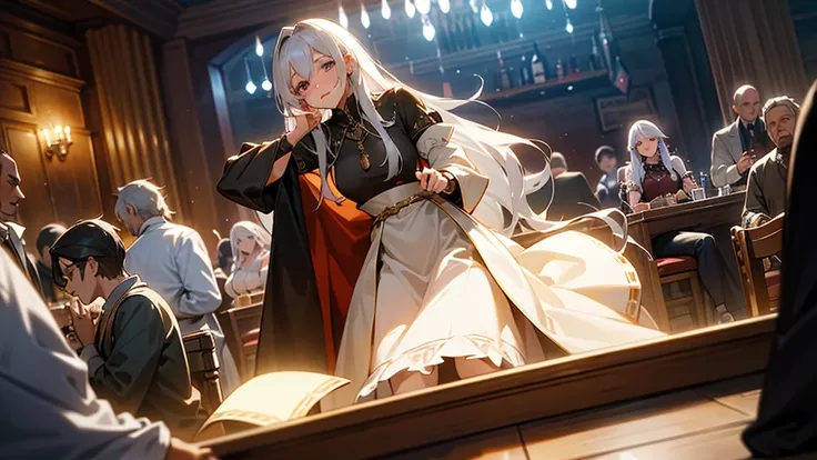 A beautiful woman is sitting and listening to music, with long grey hair, men and women are enjoying music and dancing at a bar, heartwarming, medieval, bard, epic,