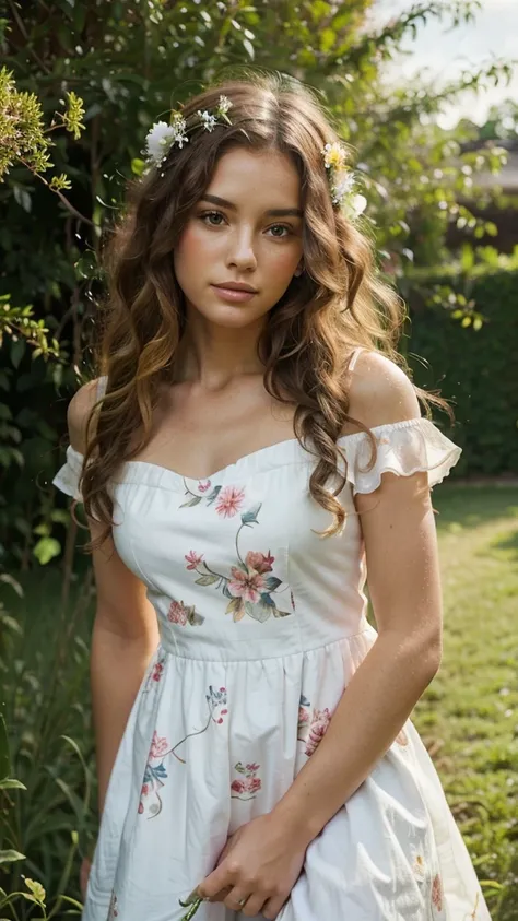 Woman in garden, white floral dress, curly hair, beautiful face, flowers, colorful, grasses,