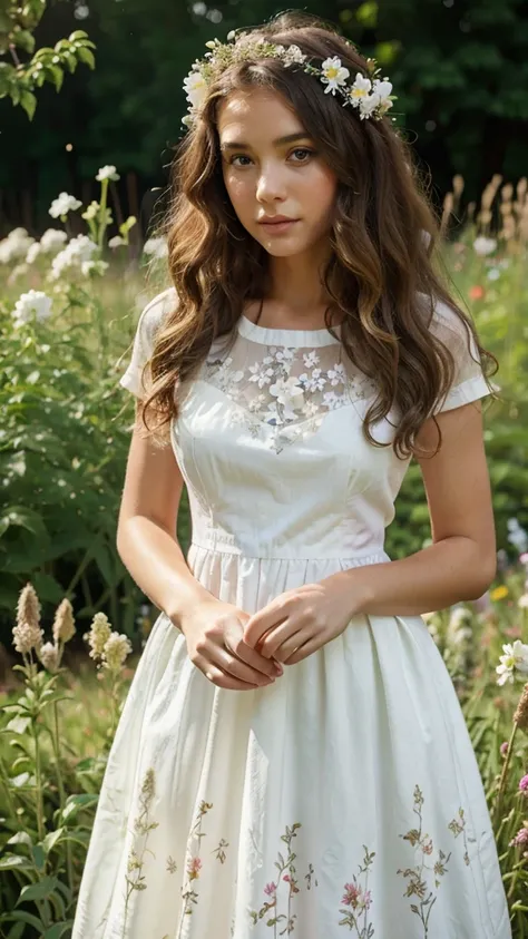 Woman in garden, white floral dress, curly hair, beautiful face, flowers, colorful, grasses,