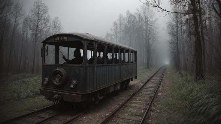  1 women in loose, lightweight black clothing, wearing a prominently visible balaclava, hanging by one hand from a track above a rusted roller coaster car, broken tracks and overgrown weeds, eerie atmosphere, sense of mystery and solitude, suspenseful mood...