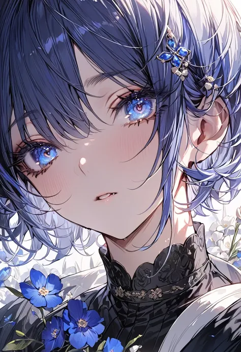 (masterpiece), (Highest quality), Very detailed, 1 boy, Solo Shooting, Perfect Face, Beautiful Face, Very detailedな顔，(Navy Blue Hair:1.3)，(short hair:1.4)、(Big eyes:1.4)，(Long eyelashes:1.4)、(blue eyes:1.3)、Black clothes、Lots of flowers、petal