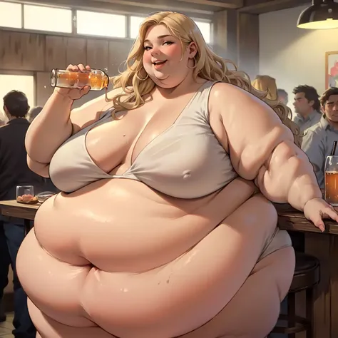 (masterpiece, detailed, realistic:1.2), beautiful young woman, USSBBW, (morbidly obese:1.4), (fatblob:1.4), college girl, enthusiastic, open smile, detailed face, crowded , holding alcoholic drink, gigantic belly, long wavy blonde hair, huge lips, high aes...