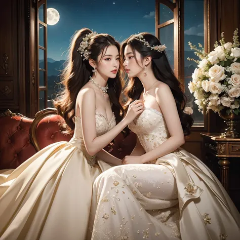 (masterpiece, highest quality, official art, beauty and aesthetic:1.5), perfect anatomy, two stunning bride is deeply in love with each other, kiss, romantic atmosphere, flower and moon, magnificent panorama view