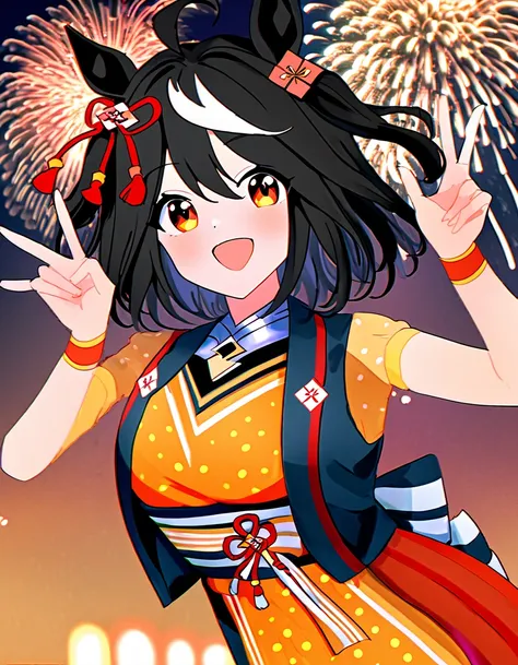 Ultra-high resolution, Highest quality, 8k,Horse Girl,Kitasan Black,162 cm,Bust 85,Waist 56,Hip 88,Festivals,firework,A happy smile,Cute pose,Five fingers on a hand