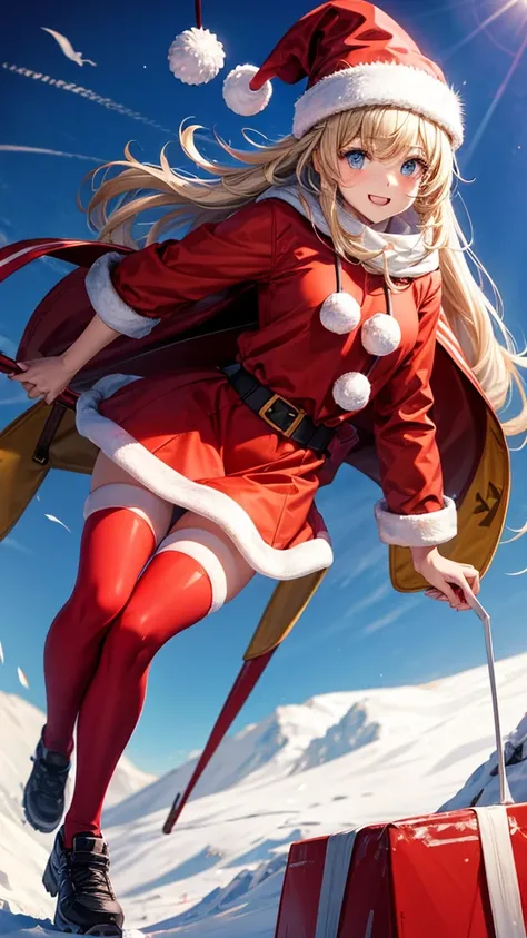 A girl dressed as Santa skiing