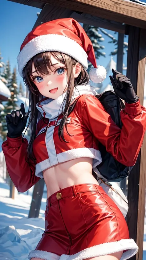 A girl dressed as Santa skiing