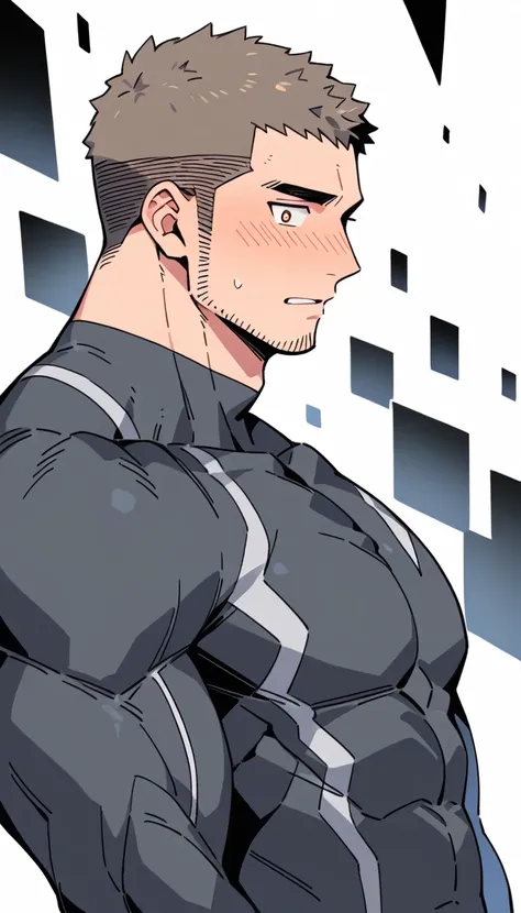 anime characters：priapus dark-skinned muscular athlete, buzz cut, manliness, male focus, dark grey wetsuit, very tight, full and...