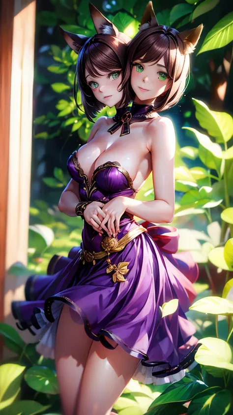 best resolution, russisn, half-body shot, 2heads, two headed girl, brown hair,  green eyes, bob haircut, purple dress, wavy hairs, fox ears, four hands.