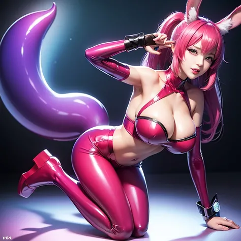 (Best Quality, 4K, hight resolution, masutepiece:1.2), Sexy Bunny Girl (Full body), Big breasts,Anime style, Vibrant colors, Shiny latex clothes, playful expression, long ears, fluffy tail, Pose Seductive, Dynamic lighting