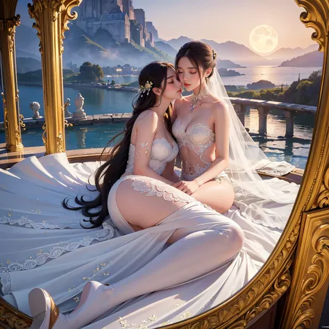 (masterpiece, highest quality, official art, beauty and aesthetic:1.5), perfect anatomy, two stunning bride is deeply in love with each other, kiss, romantic atmosphere, flower and moon, magnificent panorama view