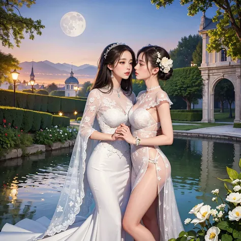 (masterpiece, highest quality, official art, beauty and aesthetic:1.5), perfect anatomy, two stunning bride is deeply in love with each other, kiss, romantic atmosphere, flower and moon, magnificent panorama view