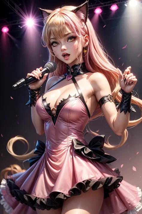 Anime cat woman with blonde pink hair, yellow eyes, pink idol dress dancing and singing 