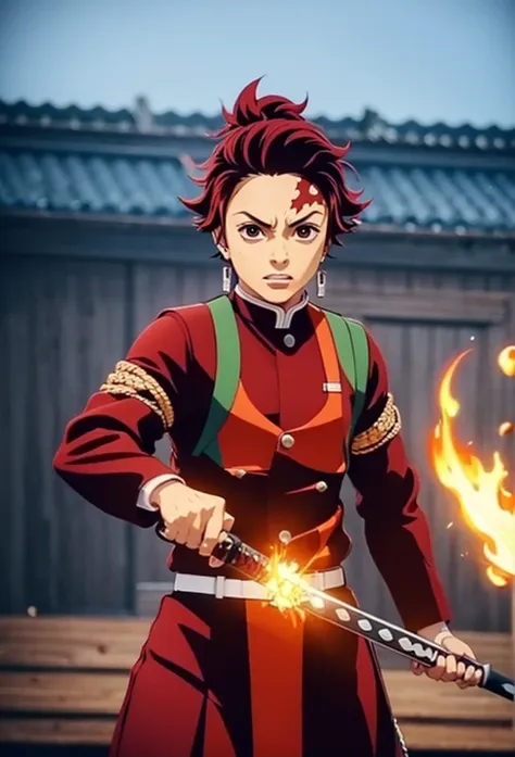 kamado tanjiro,full style,ultra high quality,ultra high resolution,photograph 8k,holding a sword,ultra detailed