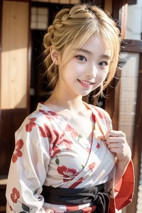 girl in red floral yukata robe, wave at the camera, (hair(blond hair, updo)), (8k, top quality, high definition, the best master...