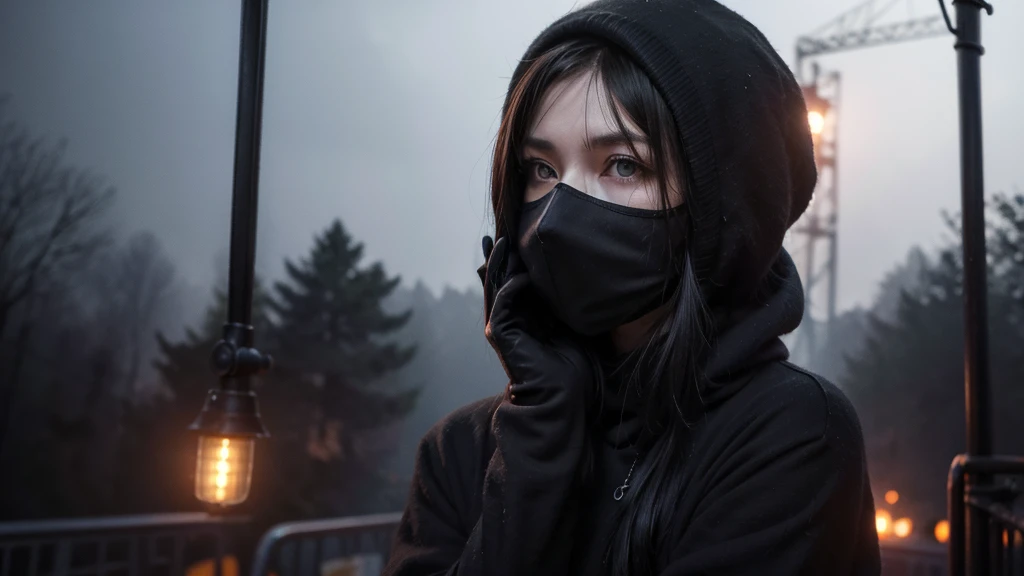  1 women in loose, lightweight black clothing, wearing a prominently visible balaclava, hanging by one hand from a track above a rusted roller coaster car, broken tracks and overgrown weeds, eerie atmosphere, sense of mystery and solitude, suspenseful mood...