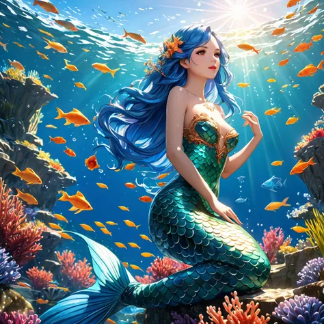 cute 20 year old mermaid with blue hair dancing with fishes in the ocean below the surface enjoying the sunlight, sun is shining, beautiful mermaid, beautiful detailed human face, red lips, alluring eyes, elaborated mermaid tail, serene, masterpiece, full ...