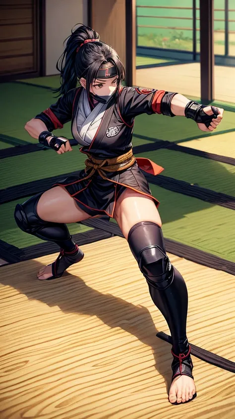 Female ninja throwing shuriken on a tatami mat