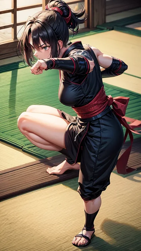 Female ninja throwing shuriken on a tatami mat