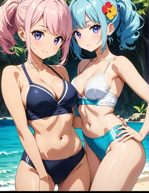 (anime artwork, anime style, studio anime, very detailed, up to date, vibrant, Anime Coloring, high contrast, masterpiece:1.2, best quality, best aesthetics),2 girl,hug from behind,swim suits, Medium chest, A glimpse of thighs,random hair, One eye is hidde...