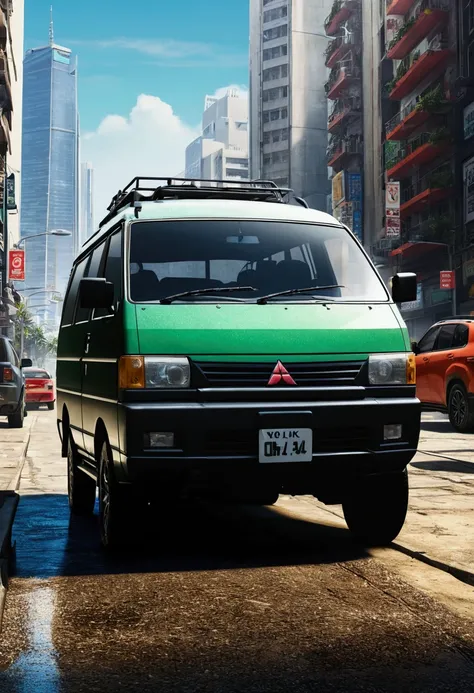 Close up of a Mitsubishi Delica L300 4x4 year parked on a city street, phone wallpaper, cinematic poster, phone wallpaper, Similar to matrix, motivational poster,mitsubishi delica l300 4x4 year车,  Money rains in the sky,Movie 4k wallpaper, Movie 4k wallpap...