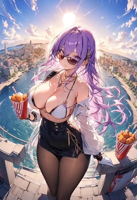 masterpiece, Highest quality,Kentucky Fried Chicken, One girl, 前hair, just_shoulder, skirt, chest, gloves, jewelry, big_chest, length_hair, length_sleeve, pantyhose, purple_eye, purple_hair, shirt, alone,Audience,sunglasses,bikini, (sun, cloud,A renaissanc...