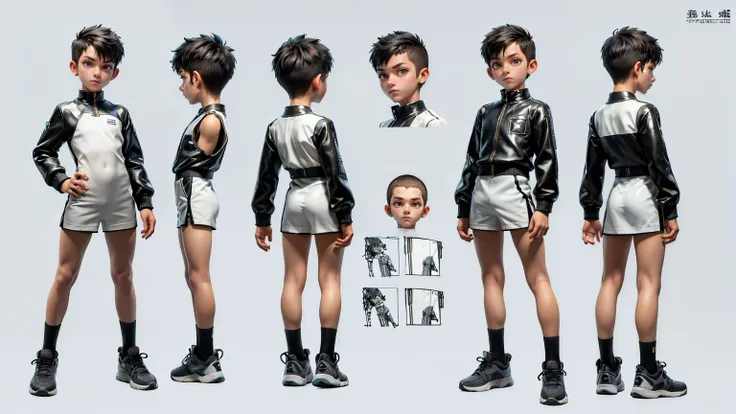 cute face boy, cute face, short height boy, wearing casual futuristic pent, full dress, full standing pose, Crew Cut hairs, Crew Cut hairs, sports shoes, Character Sheet, 12 yo student, Full body, Simple white background, front pose character reference she...