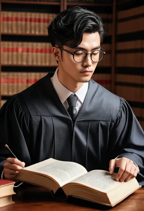 ((Masterpiece, Best quality, high resolution))，Strong man，The scholar，post graduate，Wearing glasses，A calm look，looking at book，Research，Handsome，young，anime style art