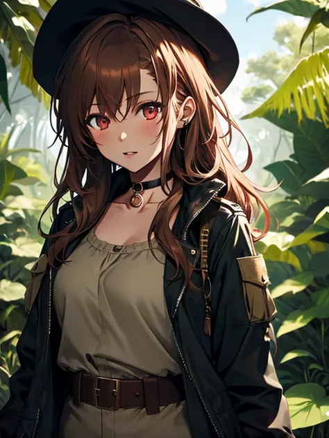 jungle, Explorer, Soldier, Jungle Adventure, Misaka Mikoto, 1girl, black choker, uhd, retina, masterpiece, ccurate, anatomically correct, textured skin, super detail, high details, high quality, best quality, highres, 4K