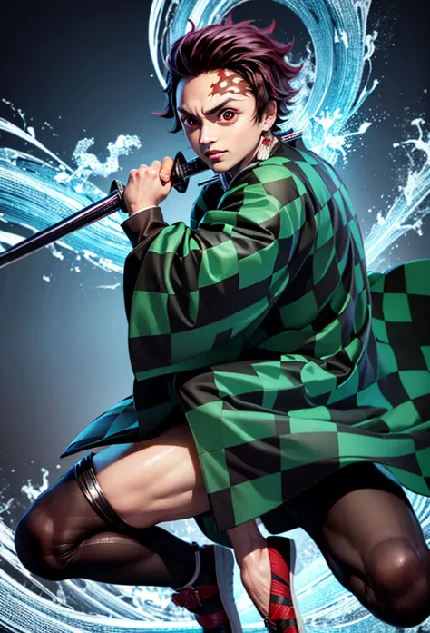 Kamado Tanjiro,(Kimetsu No Yaiba),Full Style,Ultra High Quality,Ultra High Resolution,Photograph 8K,Holding a Sword,Ultra Detailed ,Demon Hunter Outfit