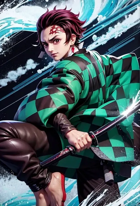 Kamado Tanjiro,(Kimetsu No Yaiba),Full Style,Ultra High Quality,Ultra High Resolution,Photograph 8K,Holding a Sword,Ultra Detailed ,Demon Hunter Outfit