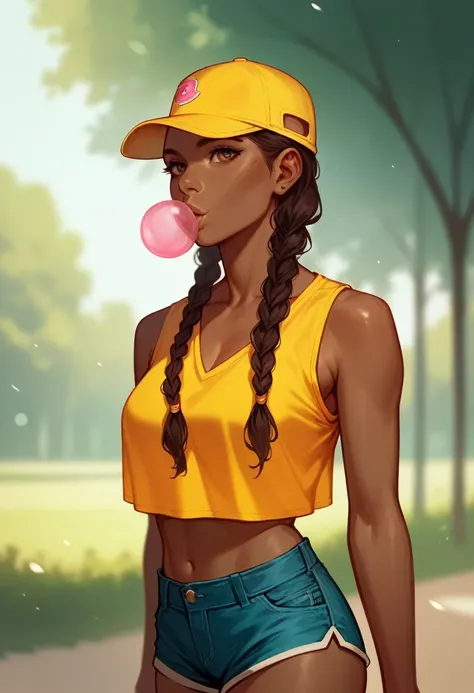 score_9, score_8_up, score_7_up, score_6_up, Character concept art of a dark skinned woman, twin braids, yellow crop top, khahki shorts, baseball cap, blowing bubble gum, fashionable, high detail establishing shot. cinematic, bokeh, use of color theory